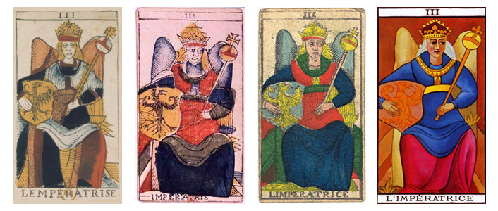 Images of four versions of the Empress trump of the Tarot de Marseilles